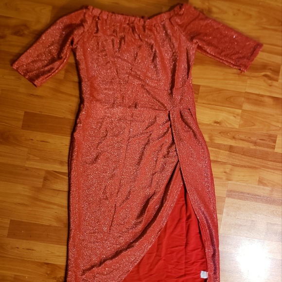 Off Shoulder Ruched Metallic Knit High Slit Dress - Picture 2 of 4